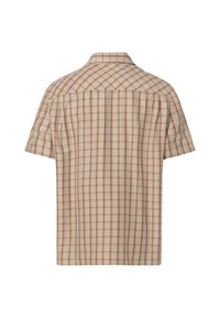 Korte mouwen geruite shirt in beige met oranje en donkerbruine lijnen, voorzien van een klassieke kraag en een achterhalsdetail.