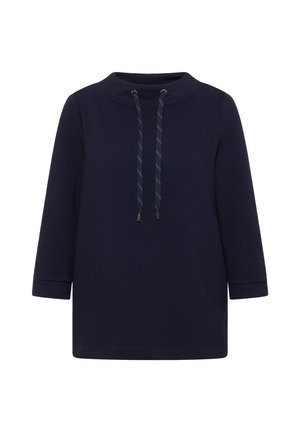 Pull-over bleu marine avec des manches trois-quarts, texture côtelée et col avec cordon de serrage ajustable. Design minimaliste, sans motifs.