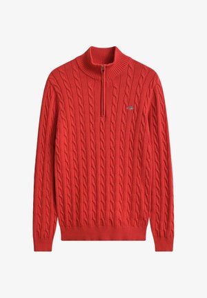 Roter, grob gestrickter Pullover mit Reißverschluss bis zur Brust und geripptem Kragen, Bündchen und Saum, mit kleinem gesticktem Logo auf der Brust.