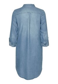 Vestito camicia in denim azzurro chiaro a maniche lunghe con dettaglio a piega sulla schiena e maniche risvoltate con bottoni.