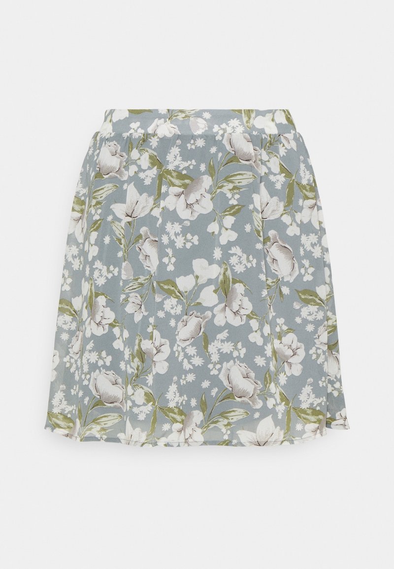 Jupe bleu clair avec un motif floral blanc et gris et des feuilles vertes, comprenant des plis et une taille élastique.