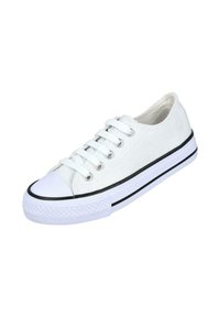 Zapatilla de lona blanca con puntera redondeada, detalles en negro, suela de goma y seis ojales para los cordones. Superficie texturizada en la zona de los dedos.