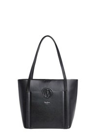 Borsa tote in finta pelle nera con due manici lunghi, forma rettangolare, accento del logo frontale e una texture liscia. Design minimalista, senza fantasie.