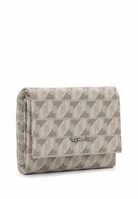 Folded wallet in beige fabric with a geometric pattern. Features a silver-tone logo and textured surface, with a compact rectangular shape.