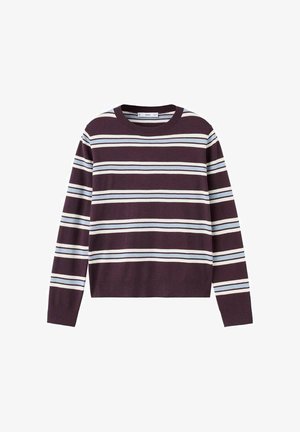 Trui met lange mouwen en ronde hals, met horizontale witte en lichtblauwe strepen op een donkerpaarse achtergrond.