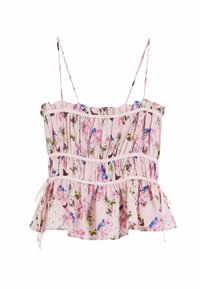 Cvjetni peplum top u svijetlo ružičastoj boji, s nježnim volanima, podesivim brtvama i naboranim dizajnom s plavim i žutim uzorcima cvijeća.