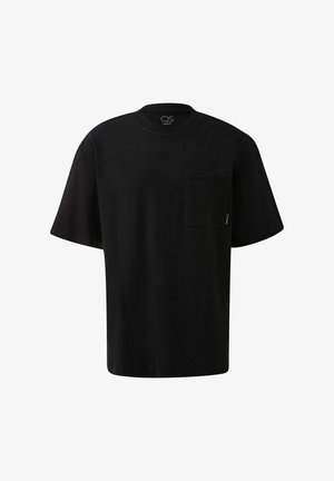 Schwarzes, kurzärmeliges Baumwoll-T-Shirt mit Rundhalsausschnitt und einer Brusttasche auf der linken Seite.