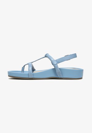 Helleblaue Leder-Sandalen mit flacher Sohle, die ein T-Riemen-Design, einen Knöchelriemen und eine glatte, glänzende Textur aufweisen.