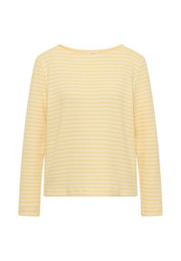 Haut à manches longues jaune en tissu doux, avec des rayures blanches horizontales, un col arrondi et une coupe décontractée.
