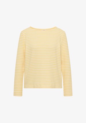 Haut à manches longues jaune en tissu doux, avec des rayures blanches horizontales, un col arrondi et une coupe décontractée.
