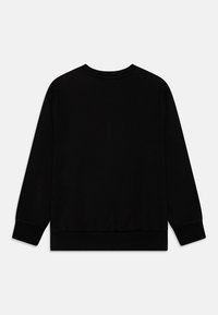 Čierna mikina so zaobleným výstrihom, dlhými rukávmi a rebrovanými manžetami. Vyrobená z mäkkej tkaniny s hladkou textúrou. Jednoduchý dizajn.