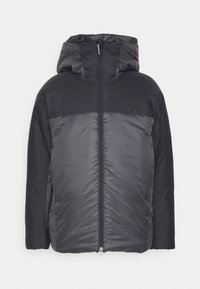 Puffer jacket featuring a hood, black upper section, and a darker gray lower section. Smooth, lightweight material with front zipper closure.