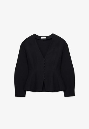 Črni peplum kardigan iz mehkega blaga. Ima globok V-izrez in šest sprednjih gumbov. Dolgi rokavi z oprimki na manšetah.