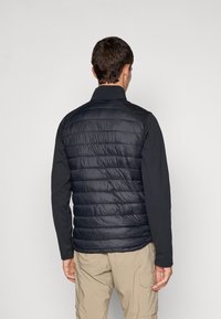 Man wearing a black quilted jacket with solid black sleeves and beige cargo pants, viewed from behind against a plain background.