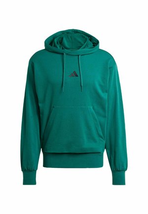 Groene hoodie van een katoenmix, met een voorvak, trekkoordkap, ribgebreide manchetten en een klein zwart logo op de borst.