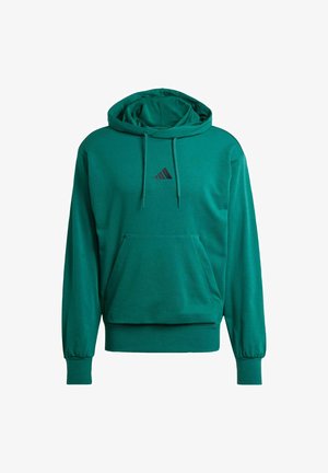 Felpa verde realizzata in misto cotone, con tasca a marsupio frontale, cappuccio con cordino, polsini a coste e un piccolo logo nero sul petto.