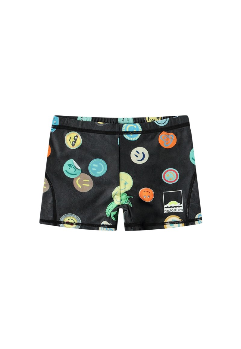 Svarta badshorts med flera färgglada emoji- och symboltryck. Tillverkade av stretchy tyg med elastisk midja och Molo Swim-logotyp.