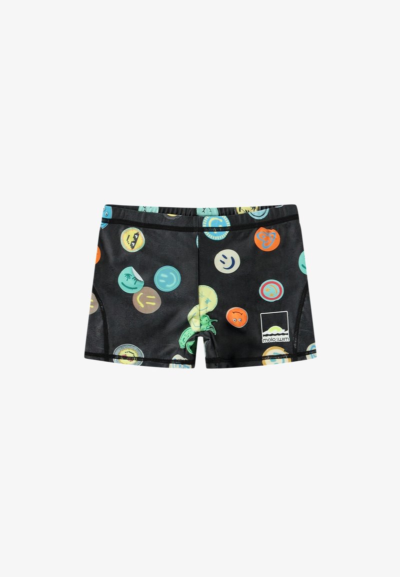 Black swim shorts featuring multiple colored emoji and symbol prints. Made of stretchy fabric with an elastic waistband and Molo Swim logo.