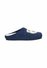Navy felt slipper with a cream fleece lining and an owl face design on the upper. Features a rubber sole for traction and durability.