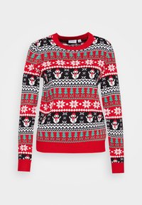 Strickpullover mit einem Schneemann- und Tannbaum-Muster in Rot, Schwarz, Weiß und Grün, mit einem gerippten Kragen und Bündchen.