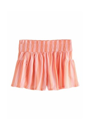 Korallroosad naiste lühikesed püksid laia elastse kortsulise vöörihma ja lõdva, voolava kangaga mugavaks kandmiseks.