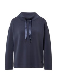 Marineblauer Pullover mit weitem, umgeschlagenem Kragen, Satin-Kordeln und langen Ärmeln. Texturiertes Gewebe mit lockerem Sitz und Schulternähten.