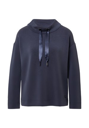 Marineblauer Pullover mit weitem, umgeschlagenem Kragen, Satin-Kordeln und langen Ärmeln. Texturiertes Gewebe mit lockerem Sitz und Schulternähten.