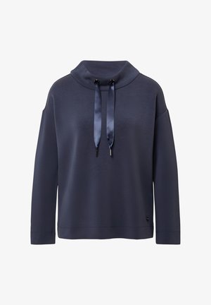 Marineblauer Pullover mit weitem, umgeschlagenem Kragen, Satin-Kordeln und langen Ärmeln. Texturiertes Gewebe mit lockerem Sitz und Schulternähten.