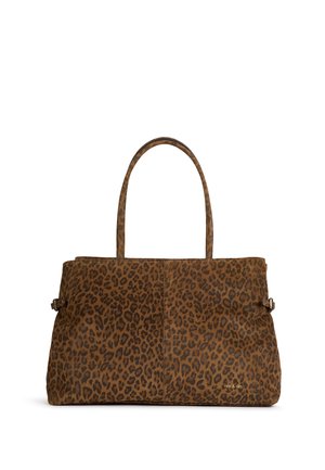 Brun håndtaske med mørkt leopardmønster, rektangulær form, to håndtag og små side-spænder.