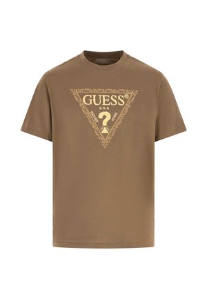 Brun bomuld t-shirt med korte ærmer, med et stort gyldent trekantslogo på fronten, dekorativ kant og rund halsudskæring.