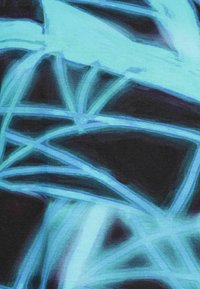 Abstract textile featuring a black background with overlapping blue and turquoise lines and shapes, highlighting a smooth, blended texture.