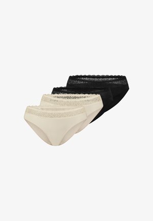 Vier damesbikini's met kanten rand in beige en zwart, decoratief overlappend gerangschikt op een witte achtergrond.
