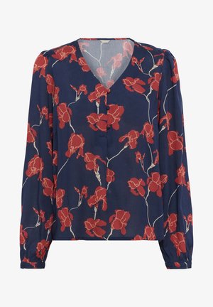 Marinebluse mit langen Ärmeln, V-Ausschnitt, rot-blumigem Muster und fünf vorderen Knöpfen. Leichter, transparenter Stoff mit elastischen Bündchen.