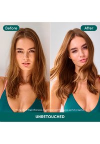 Dos imágenes lado a lado muestran el cabello antes y después del tratamiento. Izquierda: cabello castaño seco y encrespado; derecha: cabello suave y brillante con ondas definidas.