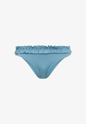 Lichtblauwe bikinibroek met een gerimpelde tailleband, gemaakt van gladde stof. Voorzien van een matige snit en naadloze randen voor een strakke afwerking.