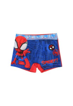 Maillots de bain pour enfants avec dessin animé de Spider-Man en rouge et bleu, fond paysage urbain, logo d'araignée, et texte "Spidey !" sur la jambe.