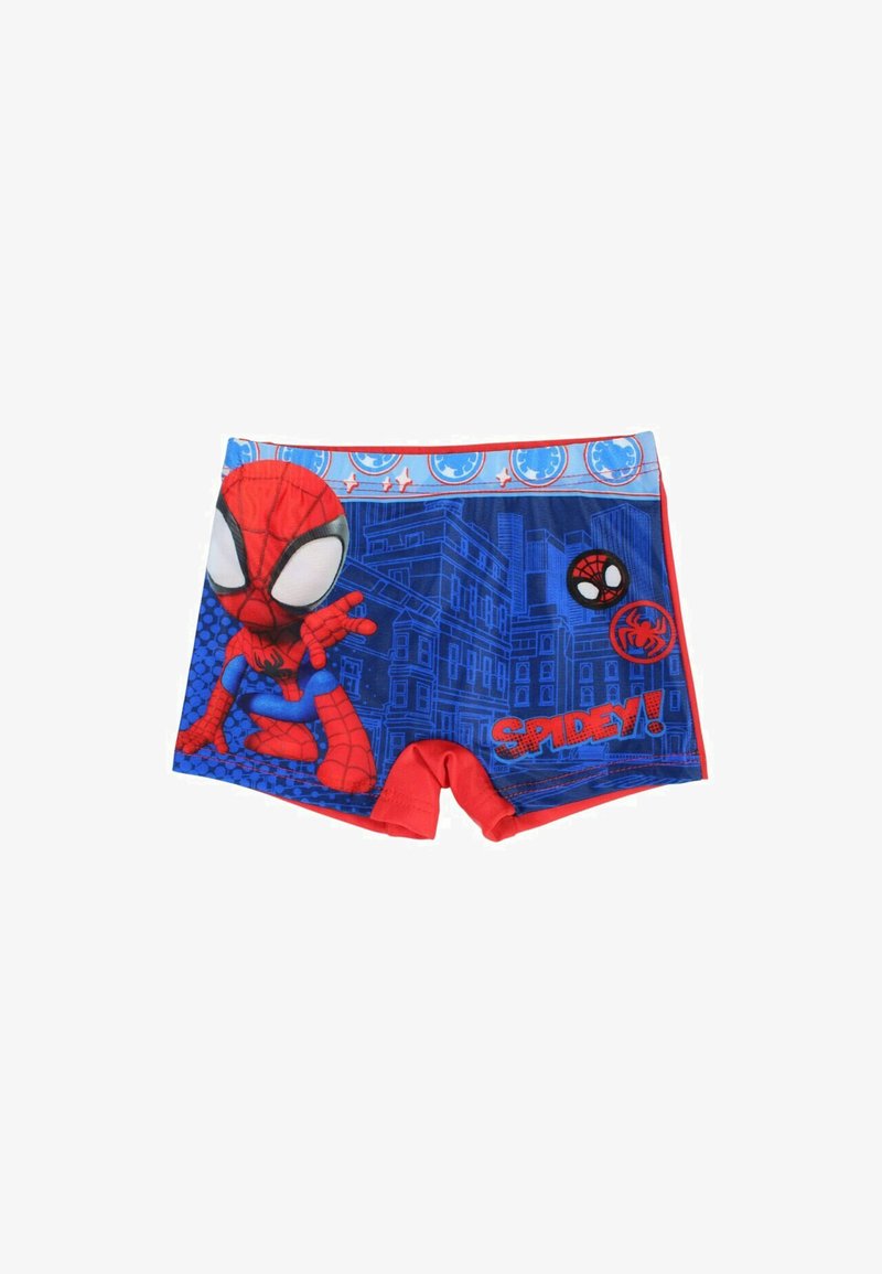 Maillots de bain pour enfants avec dessin animé de Spider-Man en rouge et bleu, fond paysage urbain, logo d'araignée, et texte "Spidey !" sur la jambe.