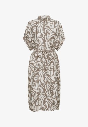 Keskmise pikkusega kleit lühikeste varrukatega, krae, nööbid ees, vööga talje, beežide ja valgete abstraktsete lehemustritega.