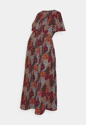 Floral patterned maternity maxi dress with short sleeves, featuring red, orange, white, and brown small flower clusters on dark background.