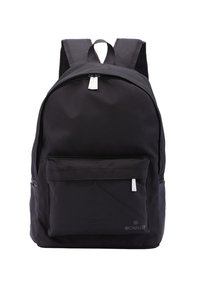 Zaino nero realizzato in tessuto resistente, dotato di doppie cerniere, una tasca frontale e spallacci imbottiti per il massimo comfort. Design semplice.