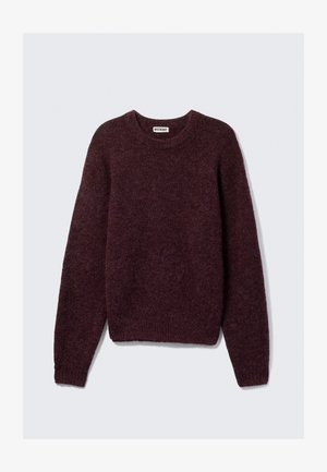 Burgunderfarbener Wollpullover mit klassischem Rundhalsausschnitt, langen Ärmeln und einer weichen, strukturierten Oberfläche. Mit geripptem Saum und Bündchen.