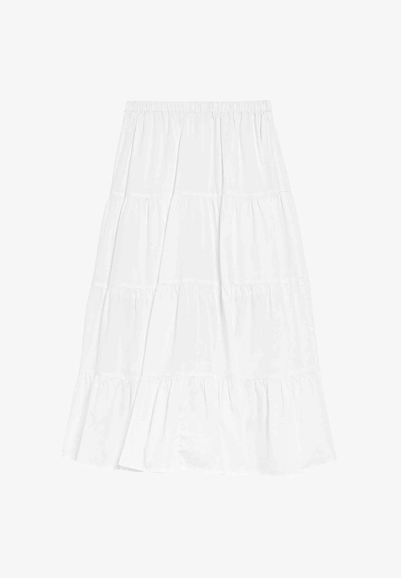 Bílá, vrstvená midi sukně vyrobená z lehké tkaniny. Má nařasený pas a mírné rozšíření na lemu pro lepší pohyb.