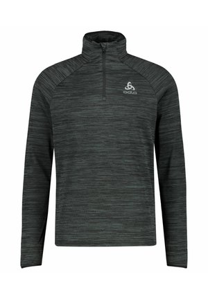 Dunkelgrauer langärmliger Sportpullover mit halbem Reißverschluss vorne und Odlo-Logo auf der linken Brust, mit dezentem horizontal gestreiftem Muster.
