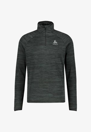 Mørkegrå langærmet sports-pullover med halv lynlås foran og Odlo-logo på venstre bryst, med diskret vandret stribemønster.