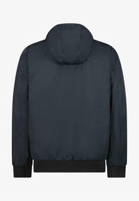 Marinblå vadderad jacka med huva, elastiska ärmslut och nederkant. Slät textur och enkel design utan synlig branding eller dekorationer.