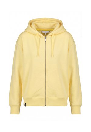Light yellow zip-up hooded sweatshirt with drawstrings, ribbed cuffs, and waistband, displayed on a white background.