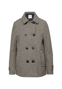 Kaksirivinen takki, jossa on houndstooth-kuvio, musta ja kerma väri, suuret mustat napit ja kärjellinen kaulus. Tekstuuri materiaali.
