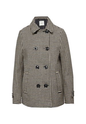 Manteau croisé en motif pied-de-poule, présentant des couleurs noire et crème, de grands boutons noirs et un col cranté. Tissu texturé.
