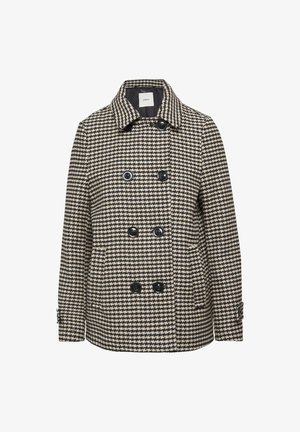 Doppelreihiger Mantel im Hahnentrittmuster mit Schwarz- und Cremetönen, großen schwarzen Knöpfen und einem Reverskragen. Strukturierter Stoff.