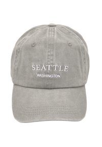 Grijze katoenen pet met geborduurde "SEATTLE" en "WASHINGTON" in het wit. Ontworpen met een gebogen rand en een verstelbare riem aan de achterkant.